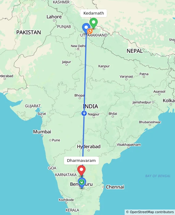 Route map showing distance and travel time from Kedarnath, India to Dharmavaram, India