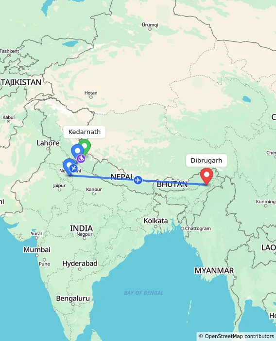 Route map showing distance and travel time from Kedarnath, India to Dibrugarh, India