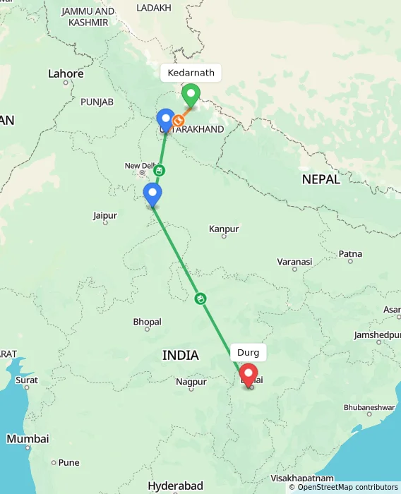 Route map showing distance and travel time from Kedarnath, India to Durg, India