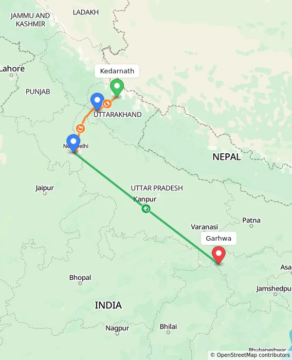 Route map showing distance and travel time from Kedarnath, India to Garhwa, India