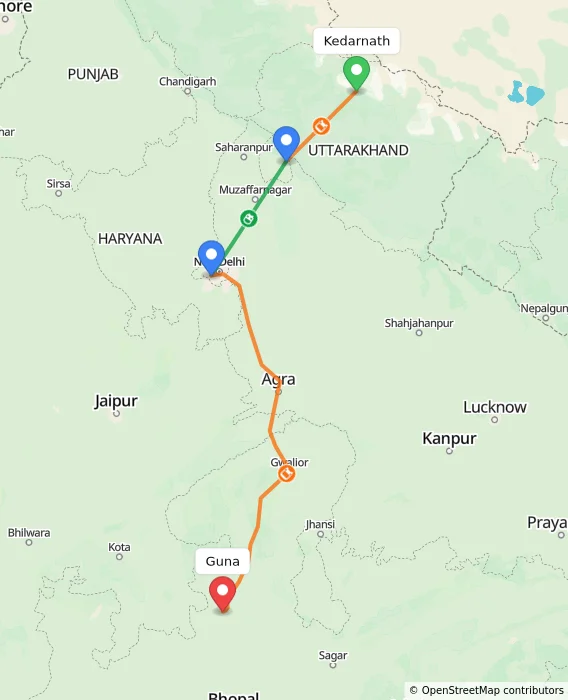 Route map showing distance and travel time from Kedarnath, India to Guna, India
