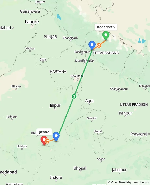 Route map showing distance and travel time from Kedarnath, India to Jawad, India