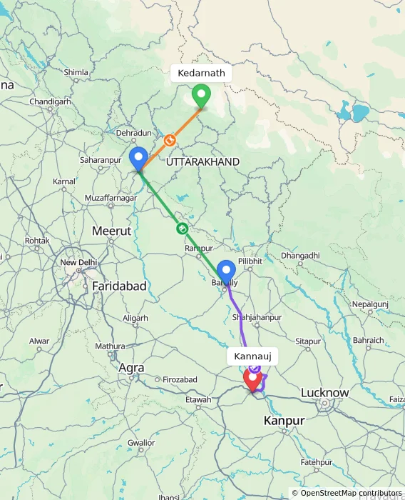 Route map showing distance and travel time from Kedarnath, India to Kannauj, India