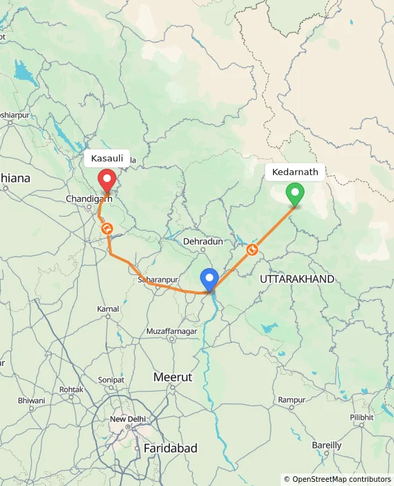 Route map showing distance and travel time from Kedarnath, India to Kasauli, India