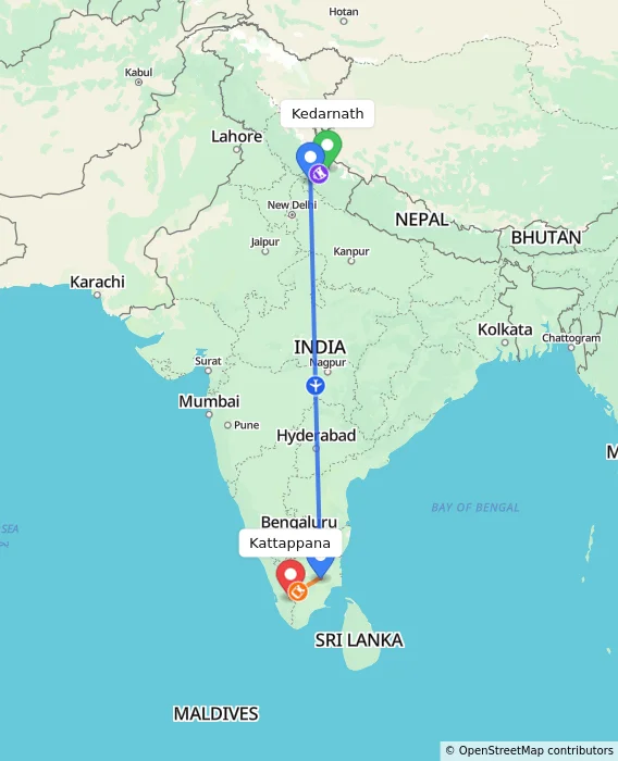 Route map showing distance and travel time from Kedarnath, India to Kattappana, India