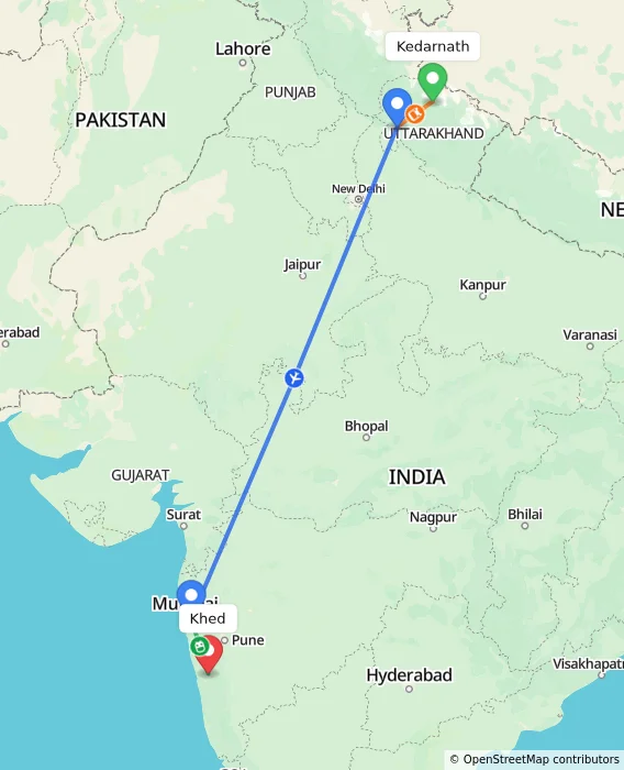 Route map showing distance and travel time from Kedarnath, India to Khed, India