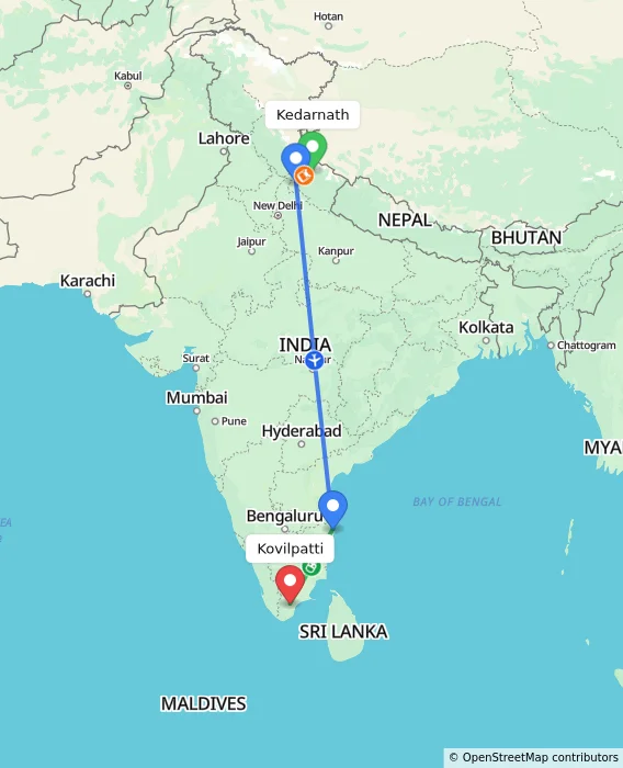 Route map showing distance and travel time from Kedarnath, India to Kovilpatti, India