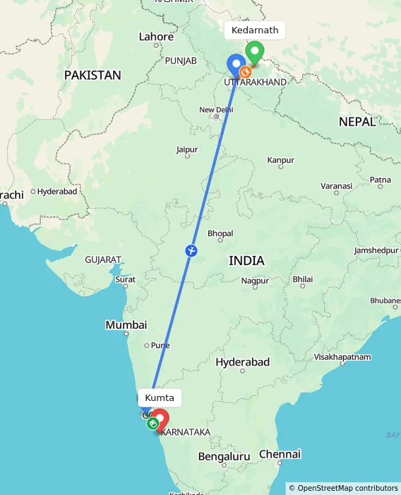 Route map showing distance and travel time from Kedarnath, India to Kumta, India