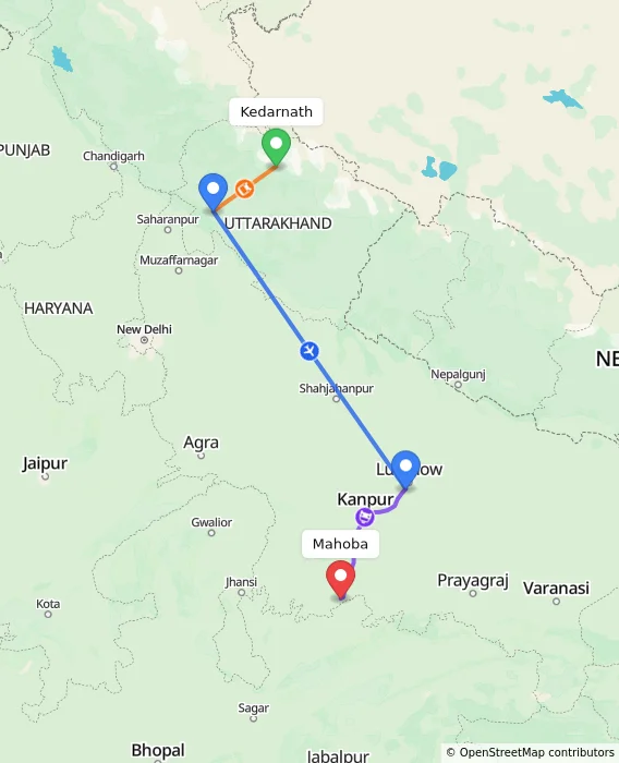 Route map showing distance and travel time from Kedarnath, India to Mahoba, India