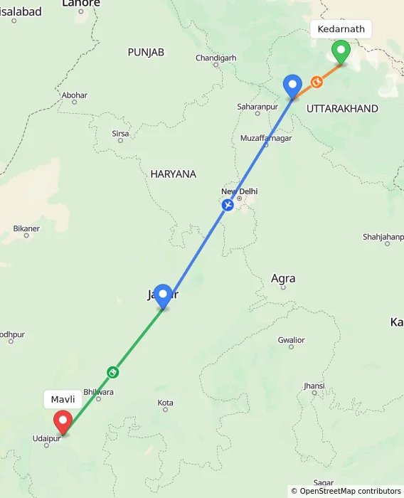 Route map showing distance and travel time from Kedarnath, India to Mavli, India