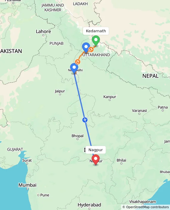 Route map showing distance and travel time from Kedarnath, India to Nagpur, India