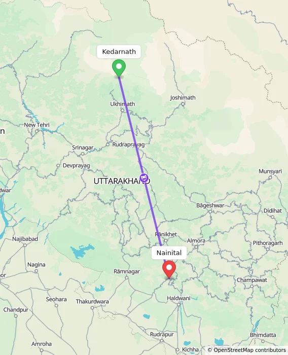 Route map showing distance and travel time from Kedarnath, India to Nainital, India