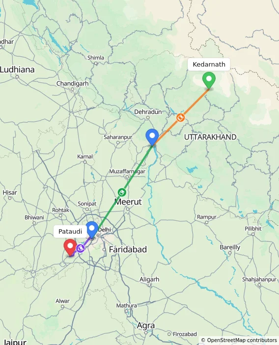 Route map showing distance and travel time from Kedarnath, India to Pataudi, India