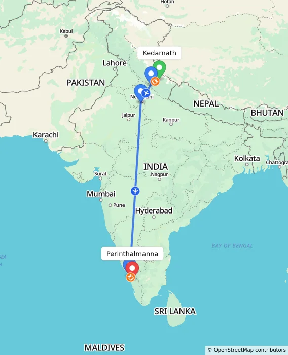 Route map showing distance and travel time from Kedarnath, India to Perinthalmanna, India