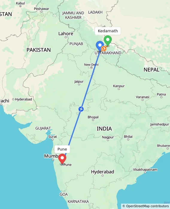 Route map showing distance and travel time from Kedarnath, India to Pune, India