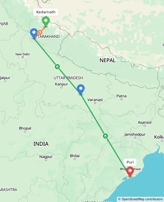 Route map showing distance and travel time from Kedarnath, India to Puri, India