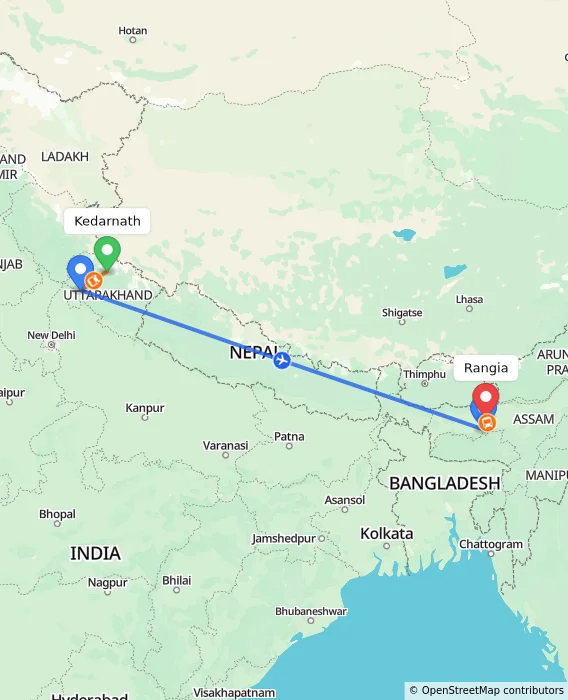 Route map showing distance and travel time from Kedarnath, India to Rangia, India