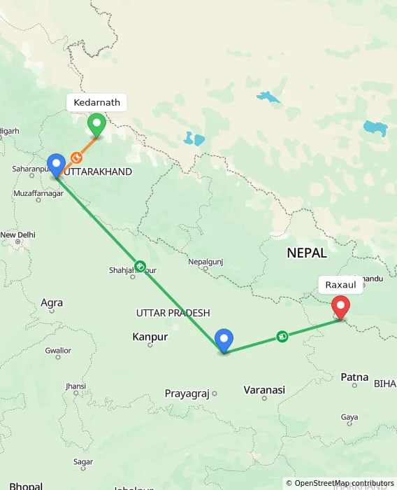 Route map showing distance and travel time from Kedarnath, India to Raxaul, India