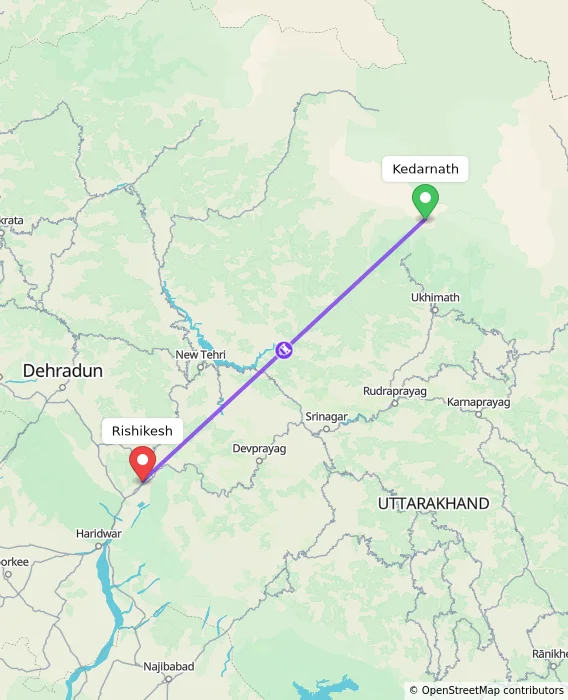 Route map showing distance and travel time from Kedarnath, India to Rishikesh, India