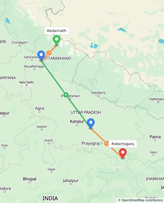 Route map showing distance and travel time from Kedarnath, India to Robertsganj, India