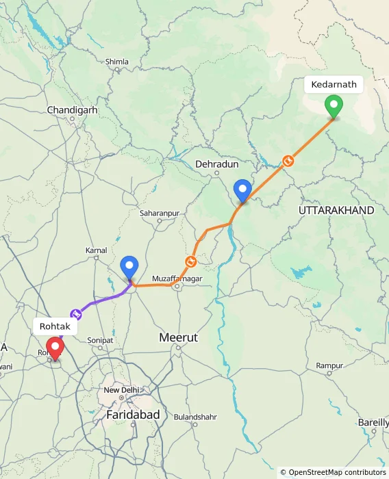 Route map showing distance and travel time from Kedarnath, India to Rohtak, India