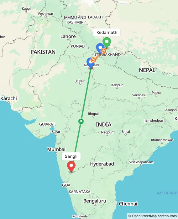Route map showing distance and travel time from Kedarnath, India to Sangli, India