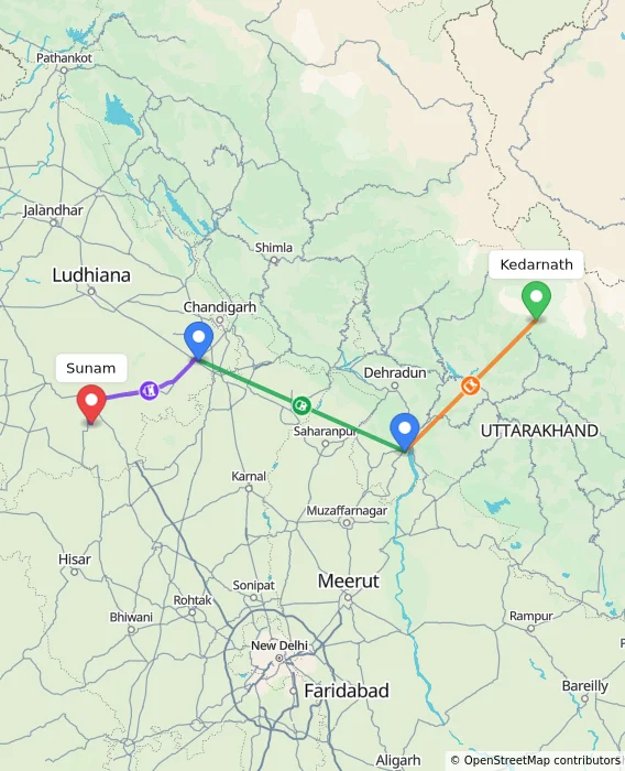 Route map showing distance and travel time from Kedarnath, India to Sunam, India