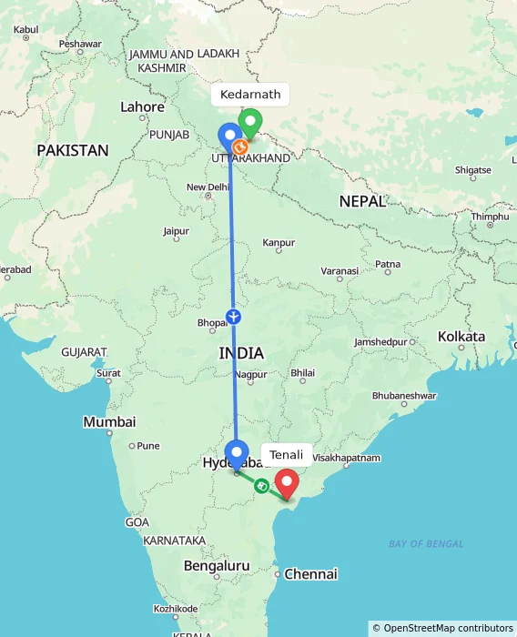 Route map showing distance and travel time from Kedarnath, India to Tenali, India