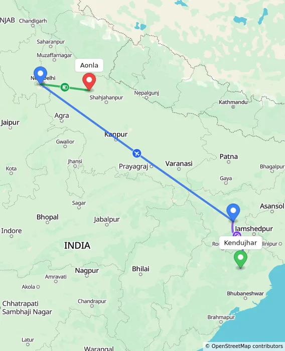 Route map showing distance and travel time from Kendujhar, India to Aonla, India