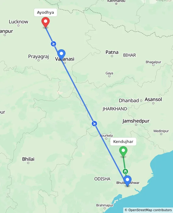Route map showing distance and travel time from Kendujhar, India to Ayodhya, India