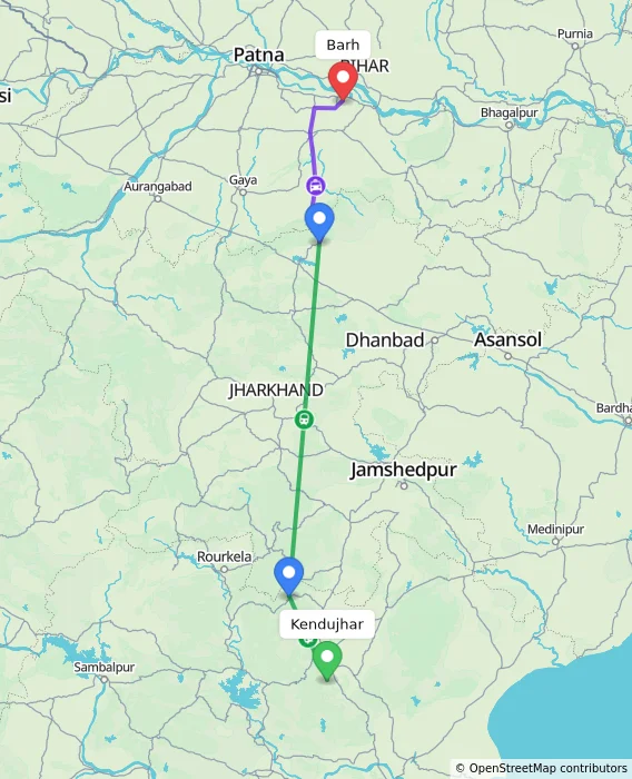 Route map showing distance and travel time from Kendujhar, India to Barh, India
