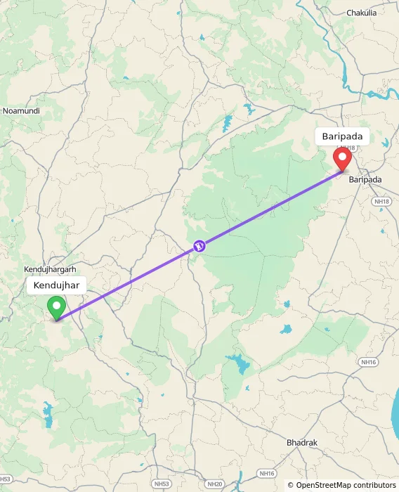 Route map showing distance and travel time from Kendujhar, India to Baripada, India