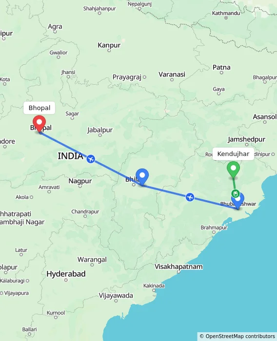 Route map showing distance and travel time from Kendujhar, India to Bhopal, India