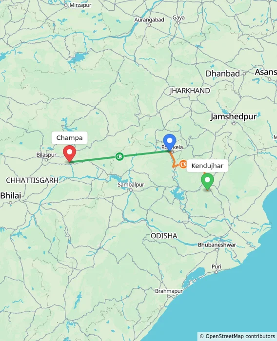 Route map showing distance and travel time from Kendujhar, India to Champa, India