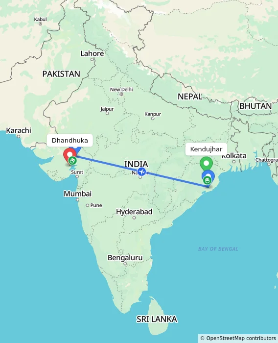 Route map showing distance and travel time from Kendujhar, India to Dhandhuka, India