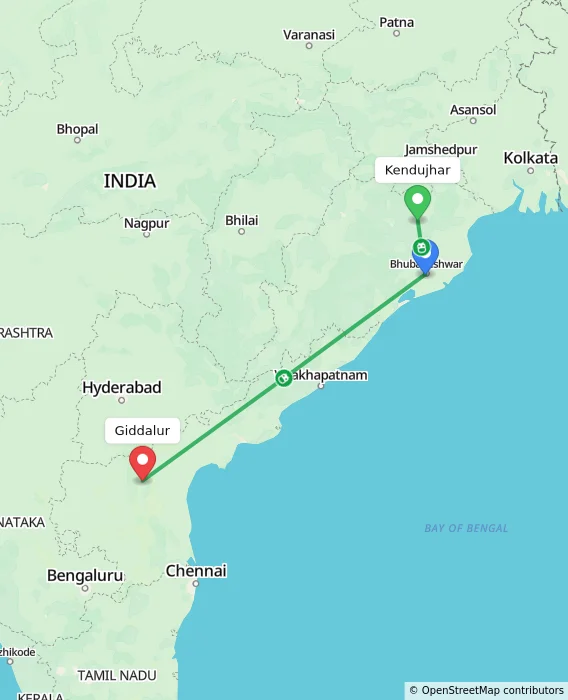 Route map showing distance and travel time from Kendujhar, India to Giddalur, India