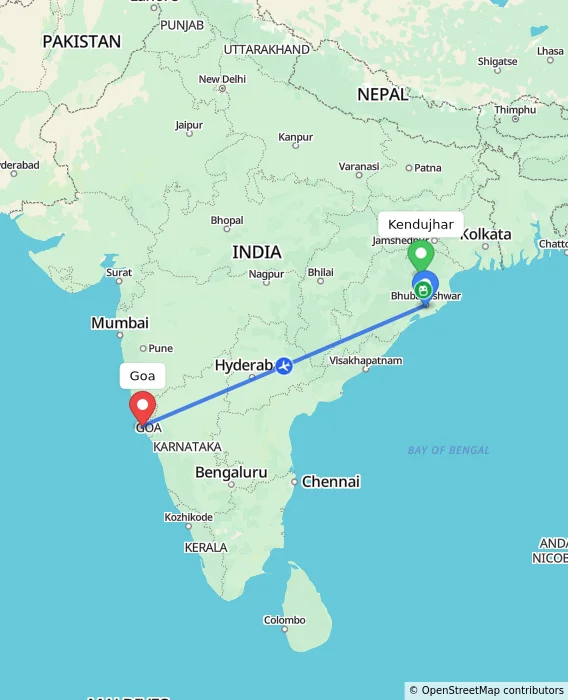 Route map showing distance and travel time from Kendujhar, India to Goa, India