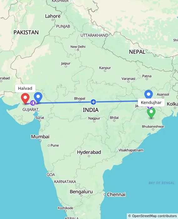 Route map showing distance and travel time from Kendujhar, India to Halvad, India