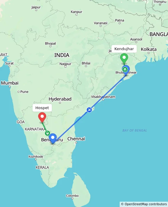 Route map showing distance and travel time from Kendujhar, India to Hospet, India