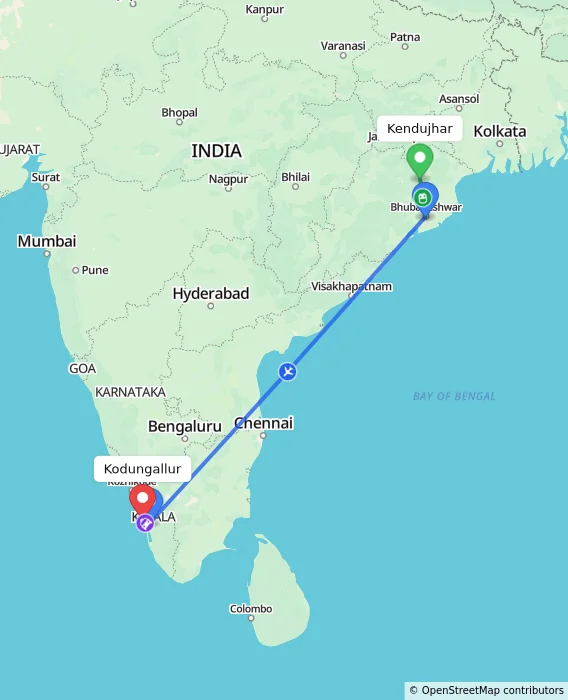 Route map showing distance and travel time from Kendujhar, India to Kodungallur, India