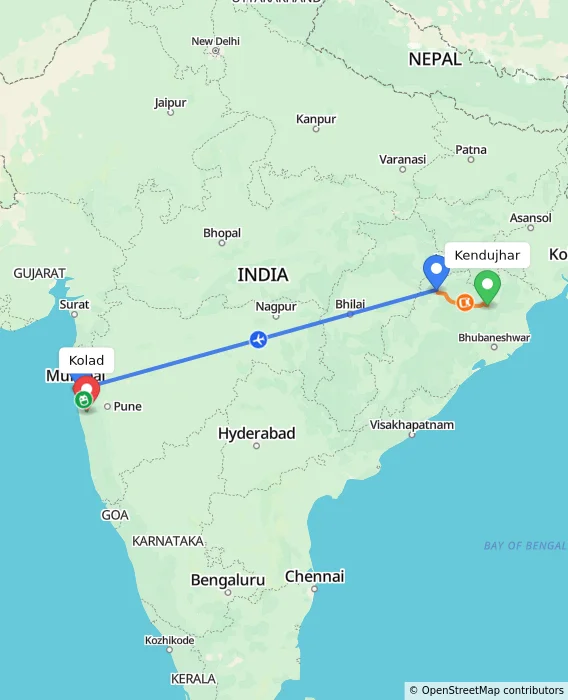 Route map showing distance and travel time from Kendujhar, India to Kolad, India