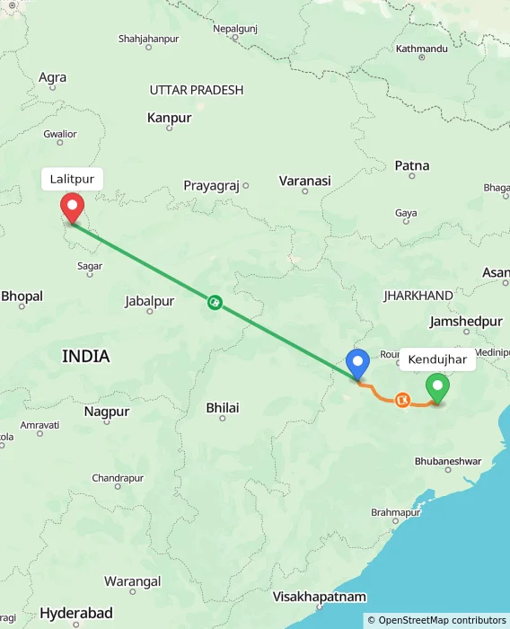 Route map showing distance and travel time from Kendujhar, India to Lalitpur, India