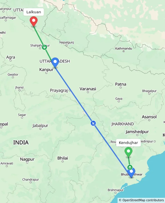 Route map showing distance and travel time from Kendujhar, India to Lalkuan, India