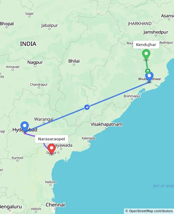Route map showing distance and travel time from Kendujhar, India to Narasaraopet, India
