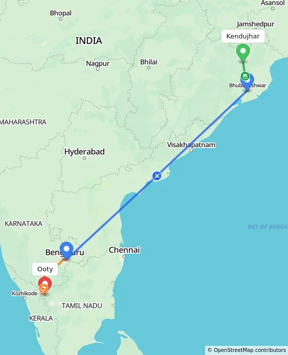 Route map showing distance and travel time from Kendujhar, India to Ooty, India