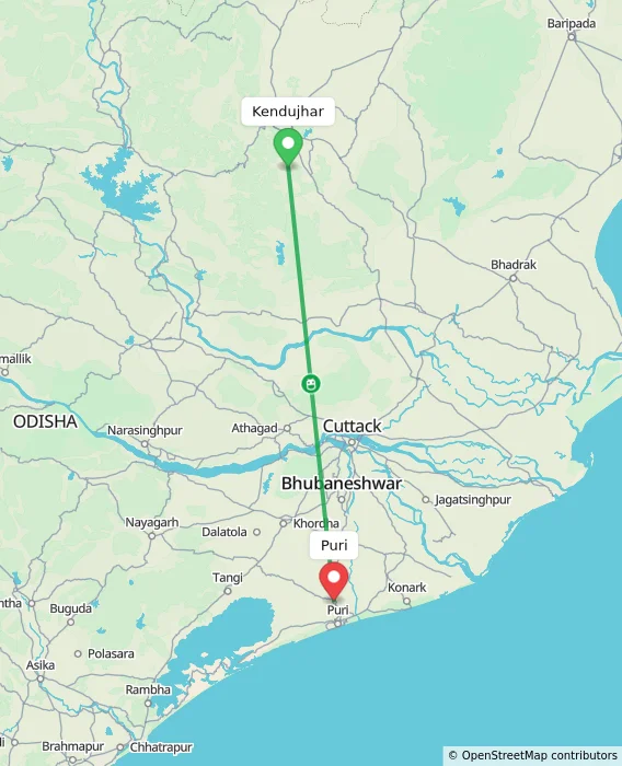 Route map showing distance and travel time from Kendujhar, India to Puri, India