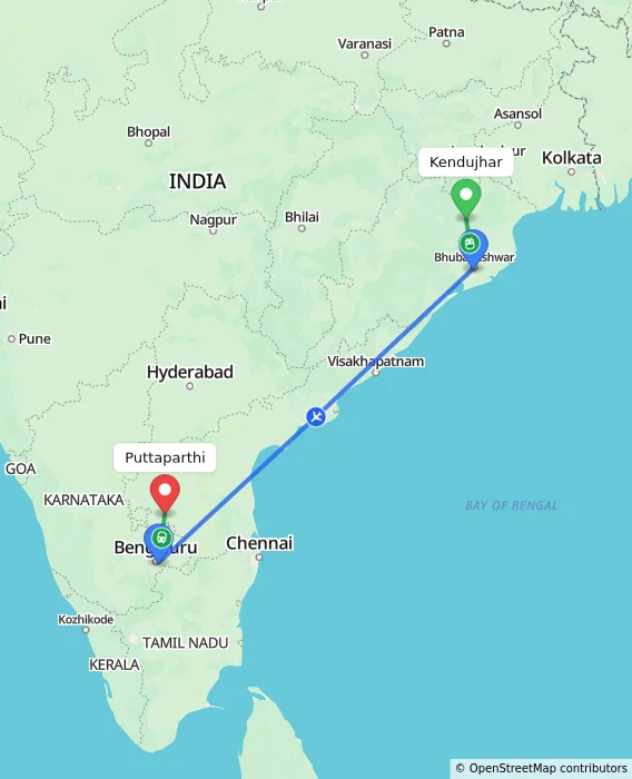 Route map showing distance and travel time from Kendujhar, India to Puttaparthi, India