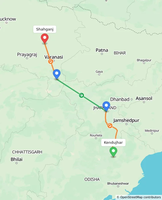 Route map showing distance and travel time from Kendujhar, India to Shahganj, India
