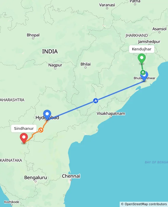 Route map showing distance and travel time from Kendujhar, India to Sindhanur, India