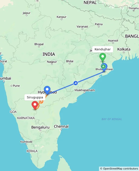 Route map showing distance and travel time from Kendujhar, India to Siruguppa, India